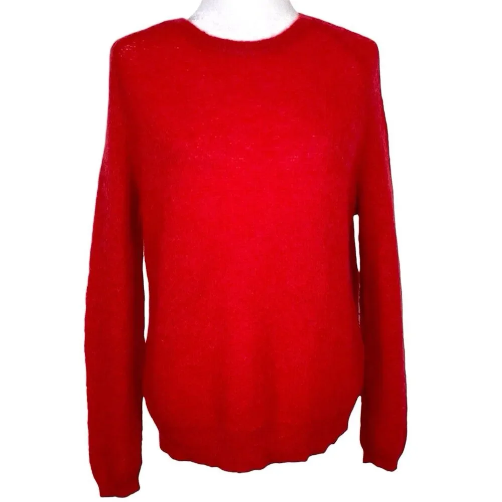 The Kooples Red Mohair Open Knit Back Zip Sweater Size Large Sheer EUC